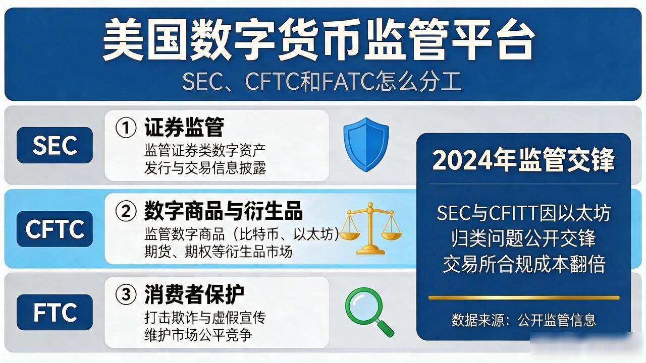 美国数字货币监管平台有哪些？SEC、CFTC和FTC怎么分工