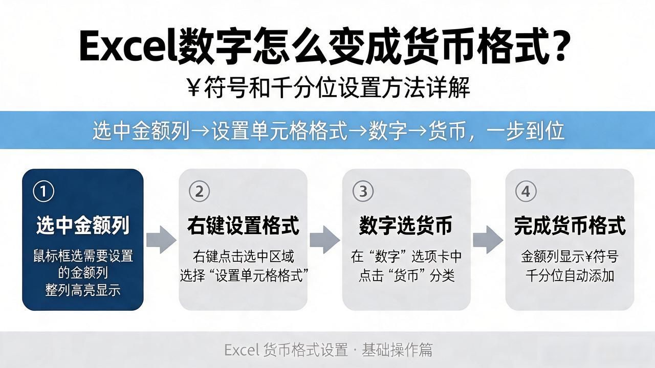 Excel数字怎么变成货币格式？¥符号和千分位设置方法详解